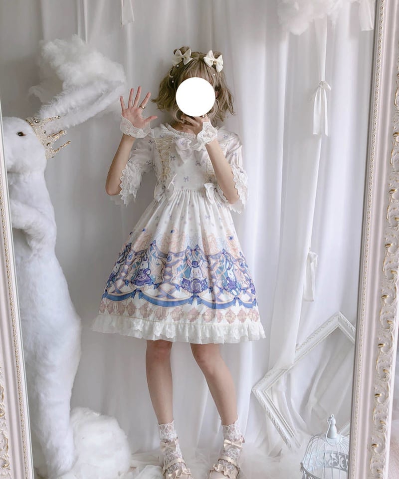 オリジナル ジェムストーン ラビット柄 サックス 半袖 フレアスリーブ