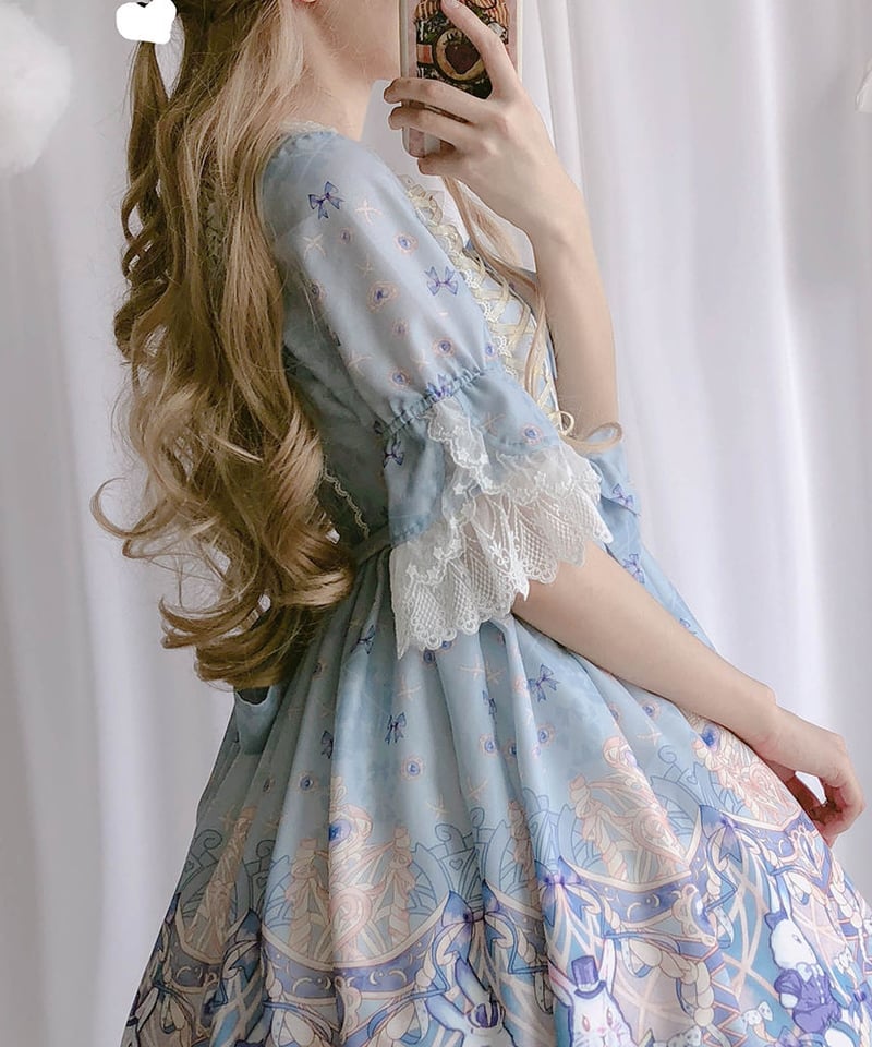 オリジナル ジェムストーン ラビット柄 サックス 半袖 フレアスリーブ