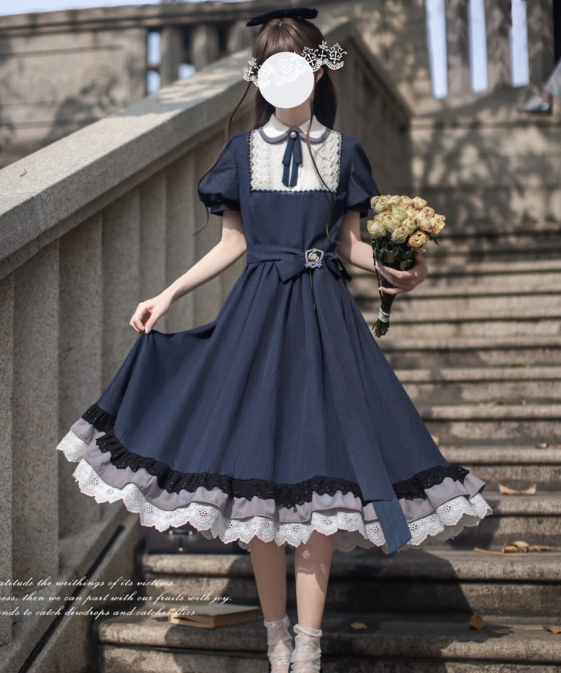 胡桃木JK / フィリス エレガントなレトロなネイビーブルーの