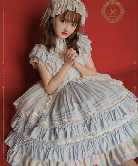 春のアンOP クラシカル ロリィタワンピース ドールカラー ショート丈 サックスXL+ヘッドドレス[LO265]