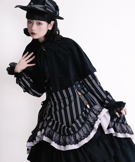 Miss Point / Point Manor クラシックロリィタ 黒白ストライプSP版 長袖ワンピース、コルセットスカート  [LO622]