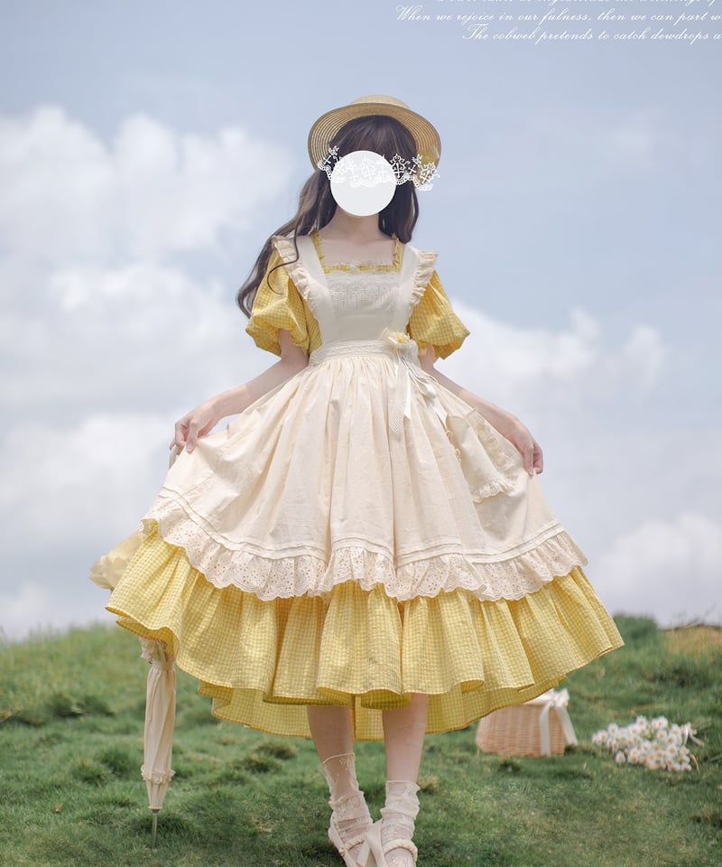 ロリータドレス イエロー チェック柄 フリル　胡桃木　エプロン　ワンピース Belle エプロン付きワンピースセット【胡桃木JK】 – Epetice