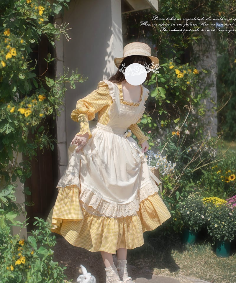 ロリータドレス イエロー チェック柄 フリル　胡桃木　エプロン　ワンピース Belle エプロン付きワンピース【胡桃木JK】 思わずピクニックに
