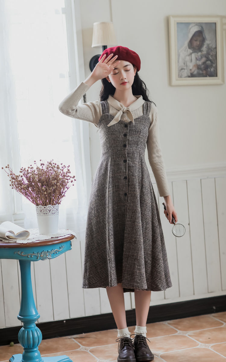 千鳥格子のグレンチェック 前ボタンでバリエーションの楽しめる