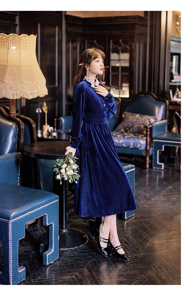 ブルーベルベット レース襟のシックな レトロ ロングワンピース XL ブルーベルベット レース襟のシックな レトロ ロングワンピース XL
