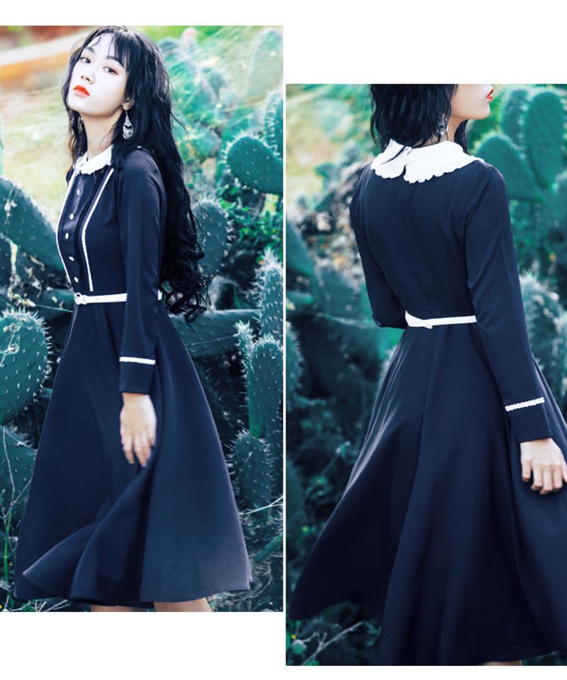 長袖ドレス マリーン風 ネイビーと白のコントラストのワンピース XL