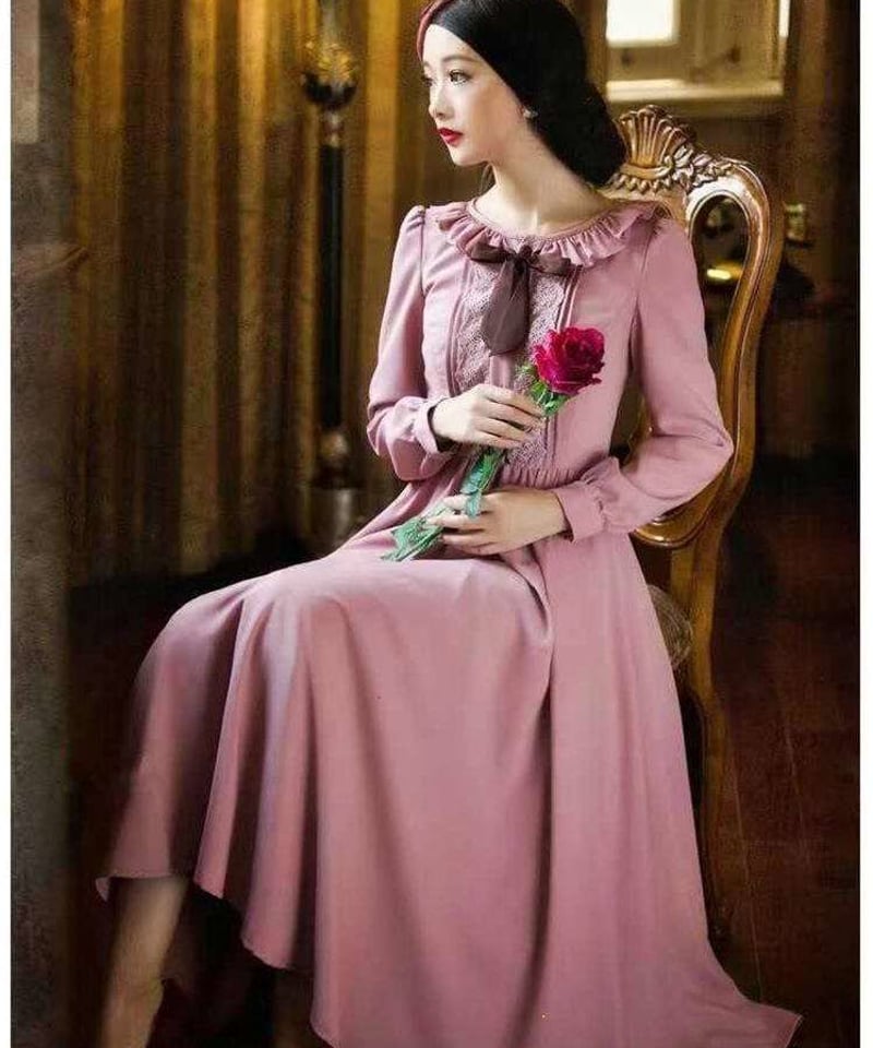 パープル フリルのネックラインの綺麗なレトロなお嬢様ワンピース XL