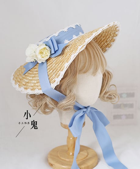 サテンリボン 麦わら フラットハット  ロリィタ ドレスハット [LO258]