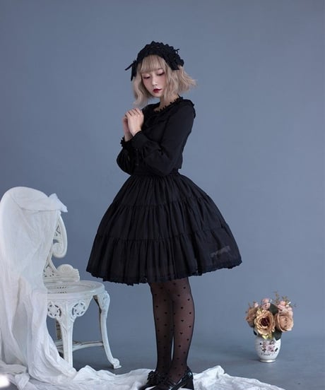 フリル＆レース ラウンドネック 長袖 ロリータ ブラウス XL [LO33]