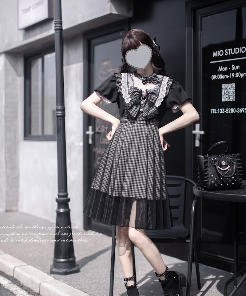 未使用　黒×ピンク　リボン　タックjsk 地雷系 胡桃木JK / 由利奈 オリジナル地雷系量産型 ブラウス、JSK