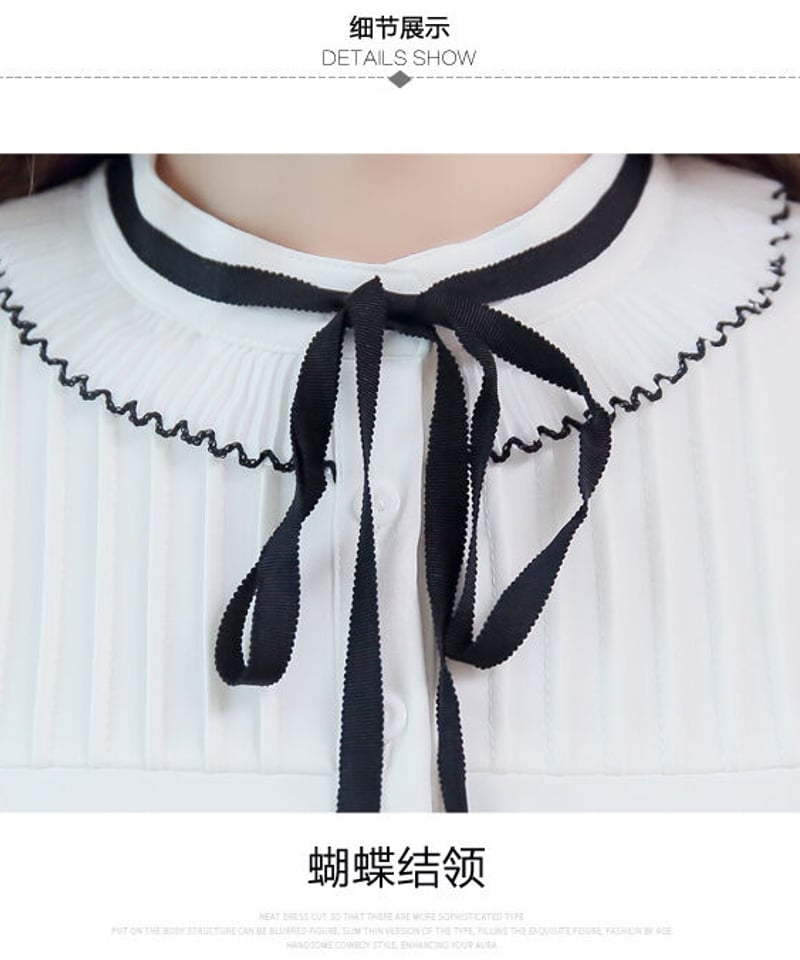 エレガントなプリーツフリル ブラウス 黒リボンとステッチがアクセント