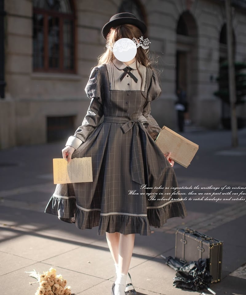 胡桃木JK / 忘れられた詩 レトロスリムドレス グレーのチェック