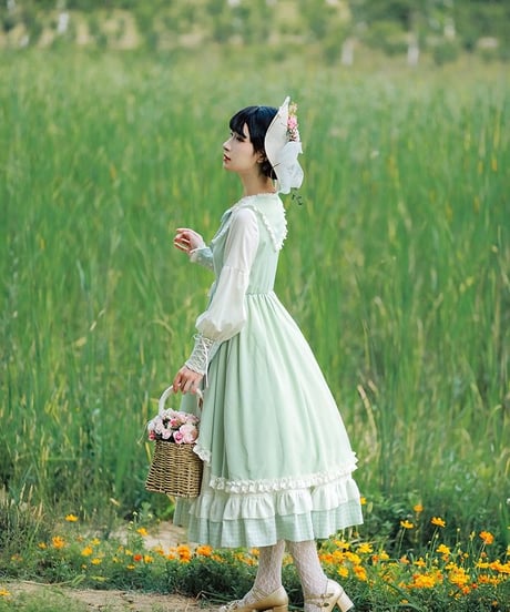 ライトグリーン チェック生地をアクセントにした 丸ヨークのかわいい クラシックロリィタドレス 鳴谷op L [LO146]