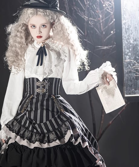 Miss Point / Point Manor クラシックロリィタ 黒白ストライプSP版 長袖ワンピース、コルセットスカート  [LO622]