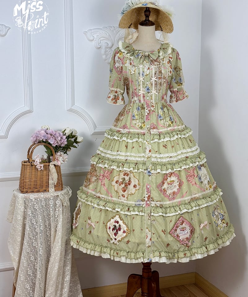 【美品】薔薇のお茶会ワンピース/ロリィタ/半袖/リボン 薔薇のお茶会ワンピース ロリィタ ワンピース 生成 リボン 薔薇