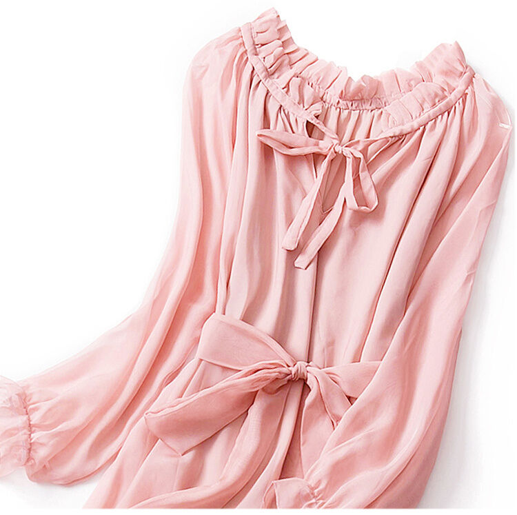 極美品⭐︎obli オブリ パフスリーブ ロングワンピース ピンク ピンク シフォン パフスリーブ ロングワンピース フリーサイズ[OP219