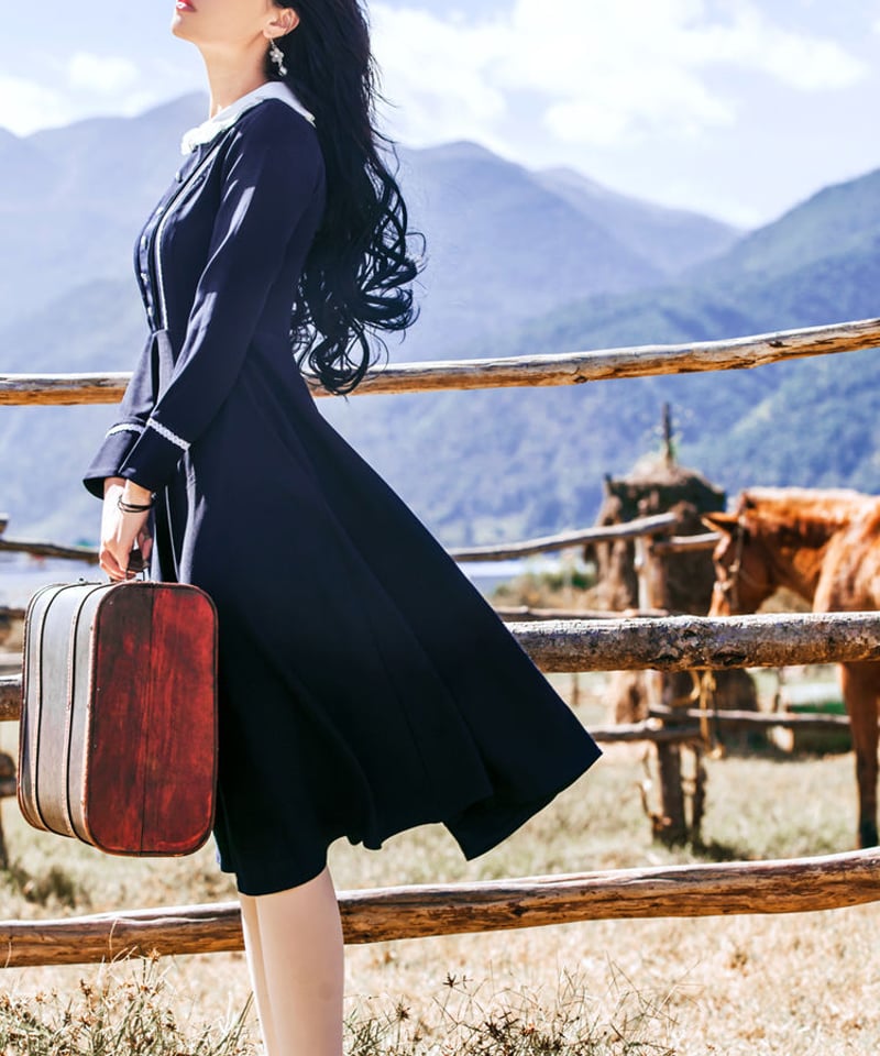 長袖ドレス マリーン風 ネイビーと白のコントラストのワンピース XL