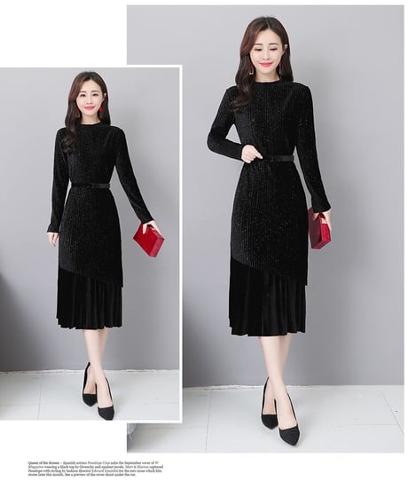 ラメ入りベルベット 2way プリーツ ロングプルオーバー スカート セット 3XL[OP224]