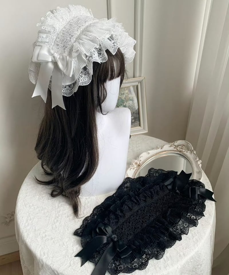 【オーダー】おまんじゅう ヘッドドレス ＊レース×ビッグリボン×アイボリー＊ おまんじゅう ヘッドドレス ＊リボン×ブラック×ホワイト＊の通販