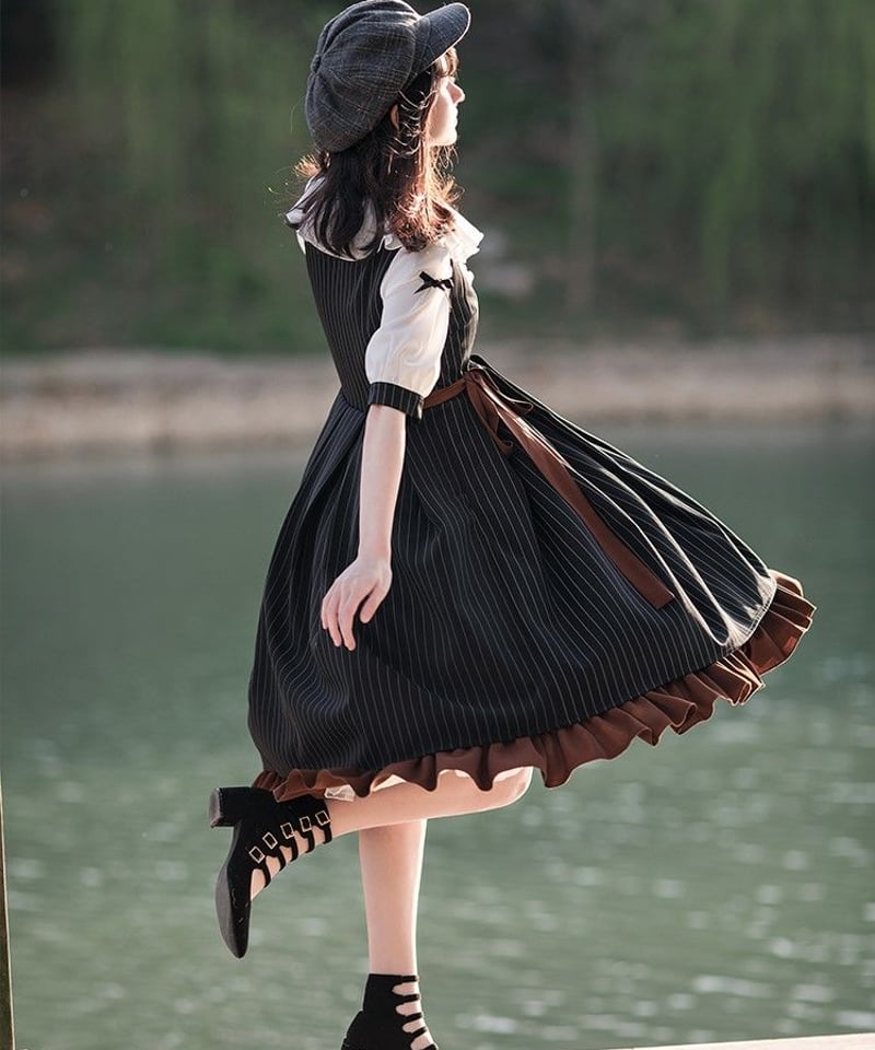 チャコール ストライプ クラシックロリィタ JSK 半袖ブラウスセット L