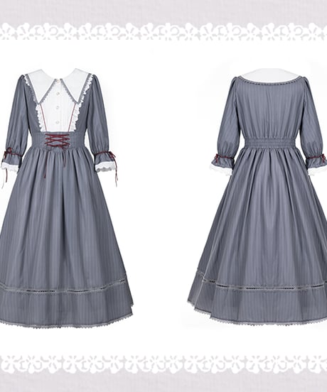with PUJI グレーストライプ ロリィタドレス コルセットワンピース（小鈴蘭op ） L [LO371]