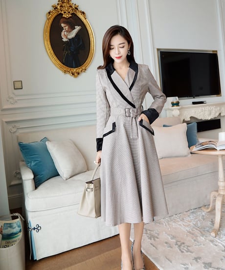 千鳥格子 ショールカラーのベルト付きワンピース XL[OP129]