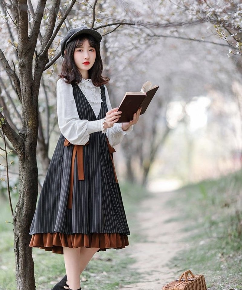 チャコール ストライプ クラシックロリィタ JSK 半袖ブラウスセット L
