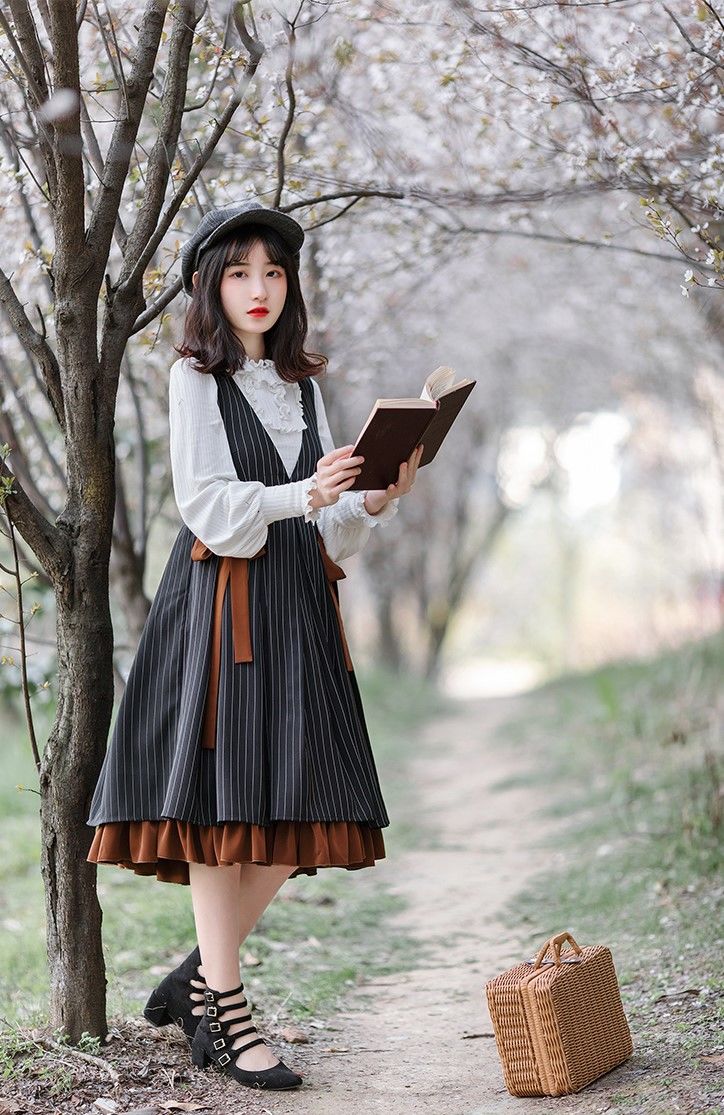 チャコール ストライプ クラシックロリィタ JSK 半袖ブラウスセット L