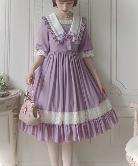生如夏花 大きなパフスリーブとセーラーカラーのロリィタドレス ワンピース XL [LO160]