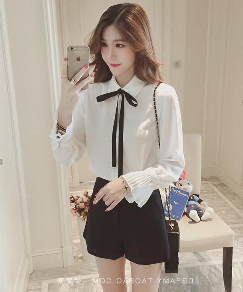 黒リボン 長袖プリーツラッパ袖 シフォン シャツブラウス XXLサイズ