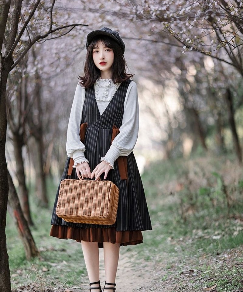 チャコール ストライプ クラシックロリィタ JSK 半袖ブラウスセット L