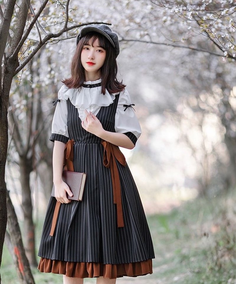 チャコール ストライプ クラシックロリィタ JSK 半袖ブラウスセット L