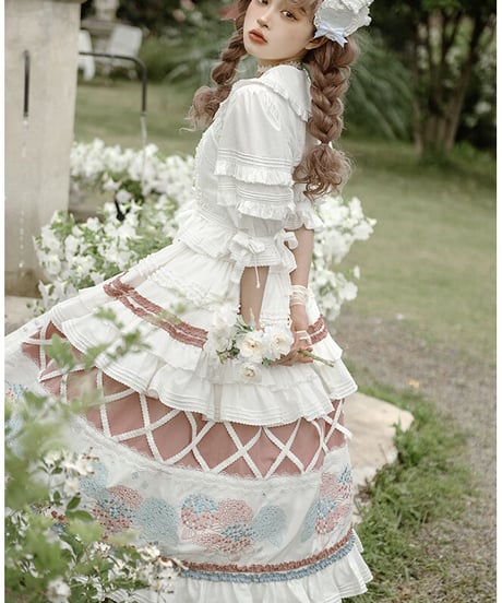 mumu あじさい クラシックロリィタ コットン スカート、ブラウス、ペチコート　フルセット [LO520]