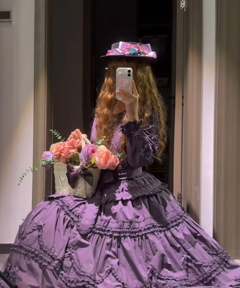エペティス　ロリィタ　小花柄コルセットドレスセット　紫　パープル　ボンネット付 NUAN YU / 陽だまりパレット 2026 コットン クラシックロリィタドレス