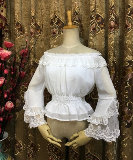 シフォン レース ラウンドネック 姫袖 ロリィタインナーブラウス [LO557]