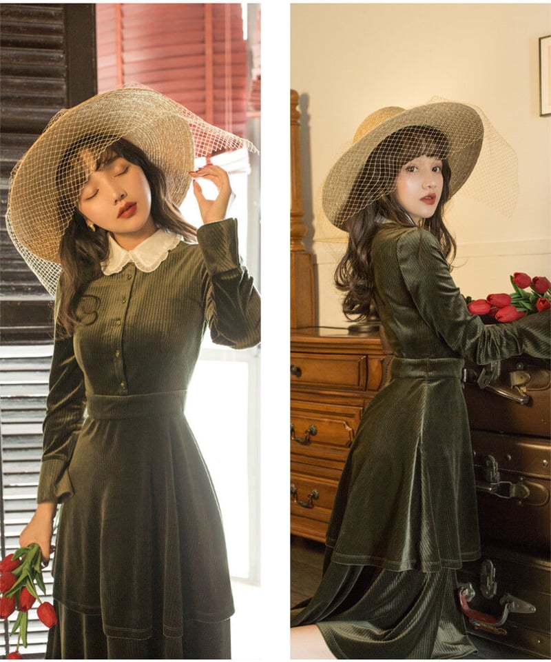 白のドールカラー モスグリーンベルベットのレトロ ロングワンピ 白のドールカラー モスグリーンベルベットのレトロ ロングワンピ