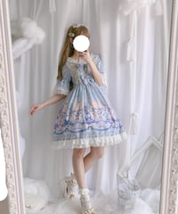 オリジナル ジェムストーン ラビット柄 サックス 半袖 フレアスリーブ ロリィタワンピース XL [LO42]