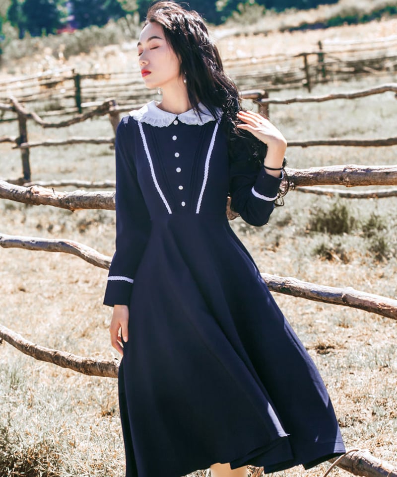 LEONARD ネイビー 長袖 ドレープワンピース LEONARD ネイビー ドレープデザイン 長袖ワンピース