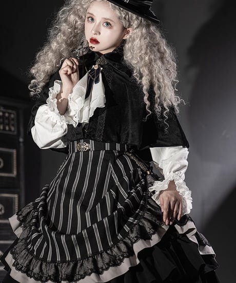 Miss Point / Point Manor クラシックロリィタ 黒白ストライプSP版 長袖ワンピース、コルセットスカート  [LO622]