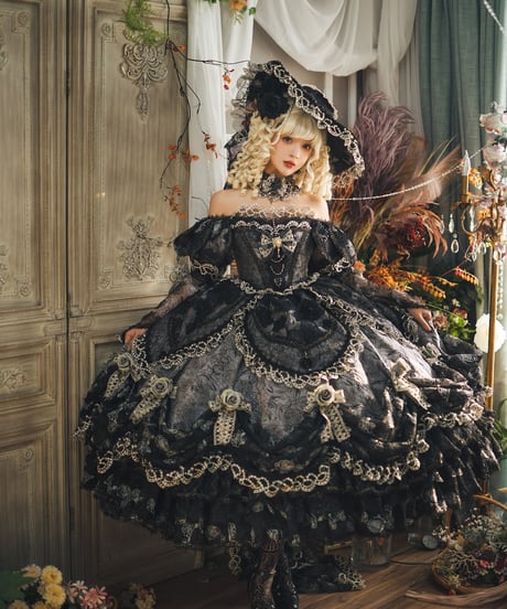 【かなん】ロリィタJSK ブラウス ボンネット　懐古　ブラック 甘ロリ ショッキングロリィタ (ブラック)ワンピース&ドロワーズ&ボンネット