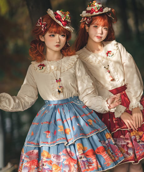 Miss Cube きのこの妖精 ロリィタドレス 胸当て付き吊スカート、ブラウス、ケープ  [LO939]