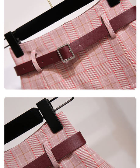 大きなフリル襟の ブラウス に ピンク の チェック スリット スカート のセット  [OP154]
