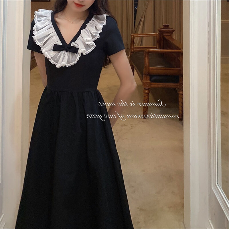 ブラック Vネック 白レース襟 半袖ロング ワンピース [OP299