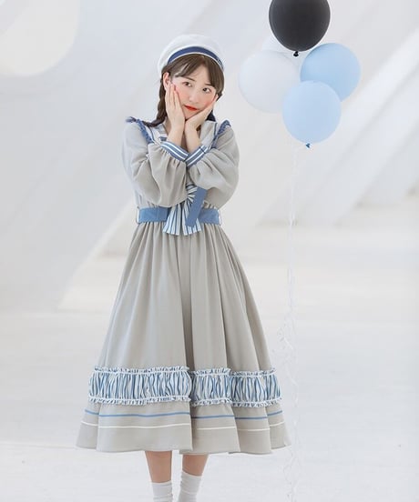 グレー＆ブルー セーラーカラー ロリィタドレス ワンピース（环岛日记op ） L [LO272]