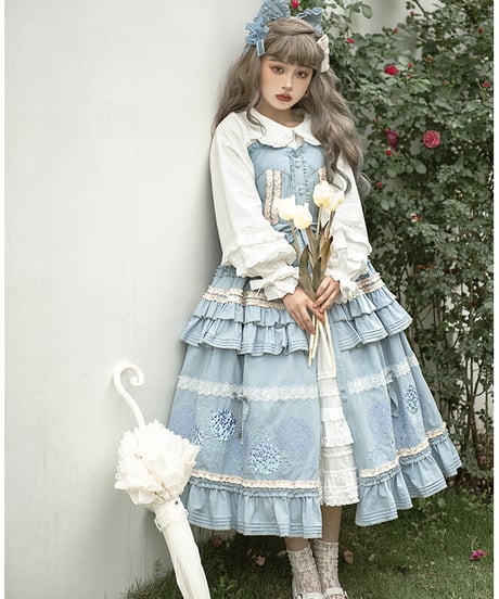 mumu あじさい クラシックロリィタ コットン スカート、ブラウス、ペチコート　フルセット [LO520]