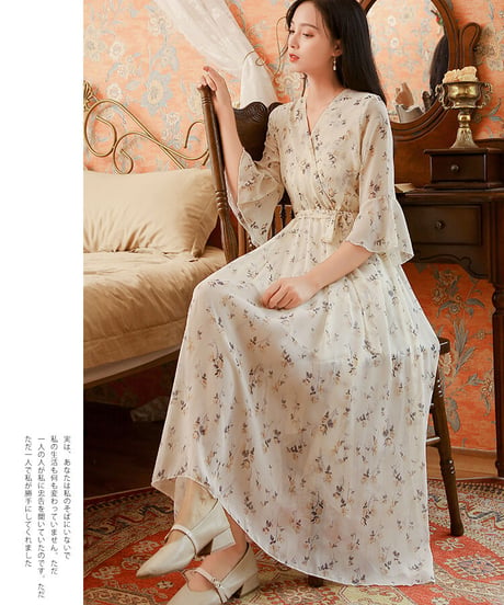 アプリコット フローラル シフォン カシュクール風 ロングワンピース XL [OP206]