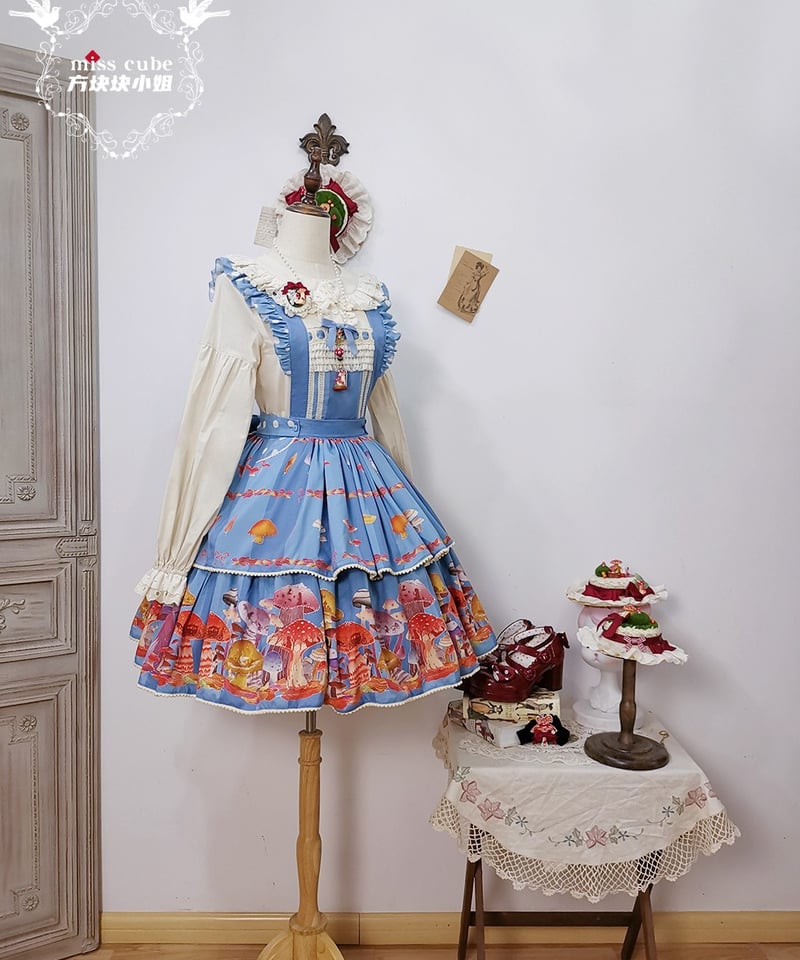 Miss Cube きのこの妖精 ロリィタドレス 胸当て付き吊スカート Miss Cube きのこの妖精 ロリィタドレス 胸当て付き吊スカート