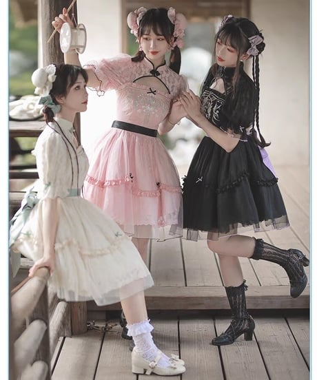 with PUJI  / 中華風 ロリィタドレス 長安謡 半袖ワンピース ピンク XL[LO844]