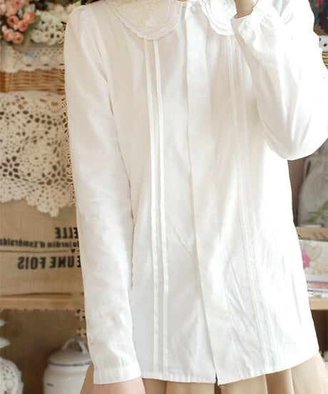 三重レースのドールカラーのかわいい比翼仕立のコットンブラウス XXL [BL198]