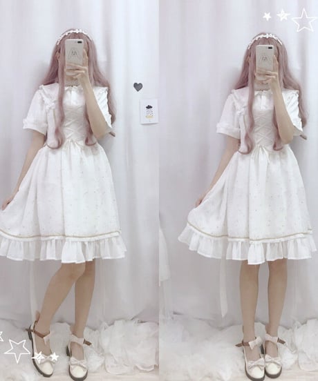 ロリィタ 星座柄 リボンストラップ スリム シフォン JSK ストラップドレス ワンピース ワンサイズ[LO132]